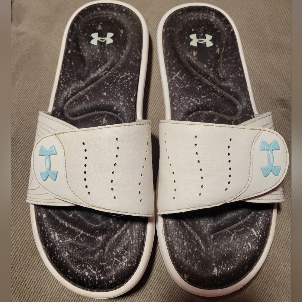 Under Armour White and Black Slides with Light Blue Logo